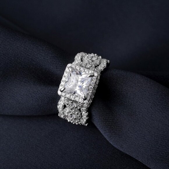 Princess Cut CZ Halo Engagement Ring for Women 925 Silver 14k Gold Plated - Picture 4 of 9